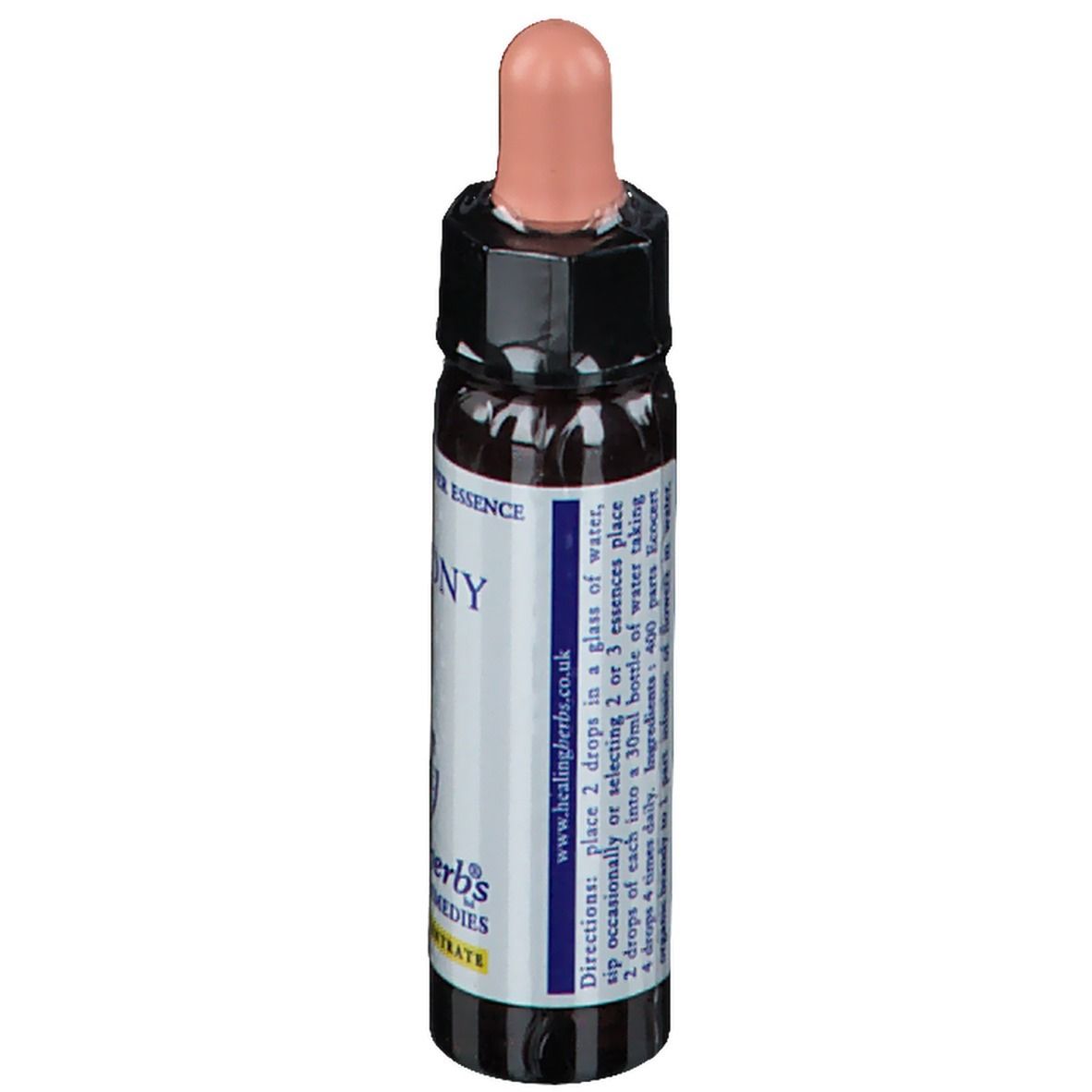 Bruine glazen fles met roze druppelaar. Opschrift: Agrimony, instructies, www.healingherbs.co.uk.