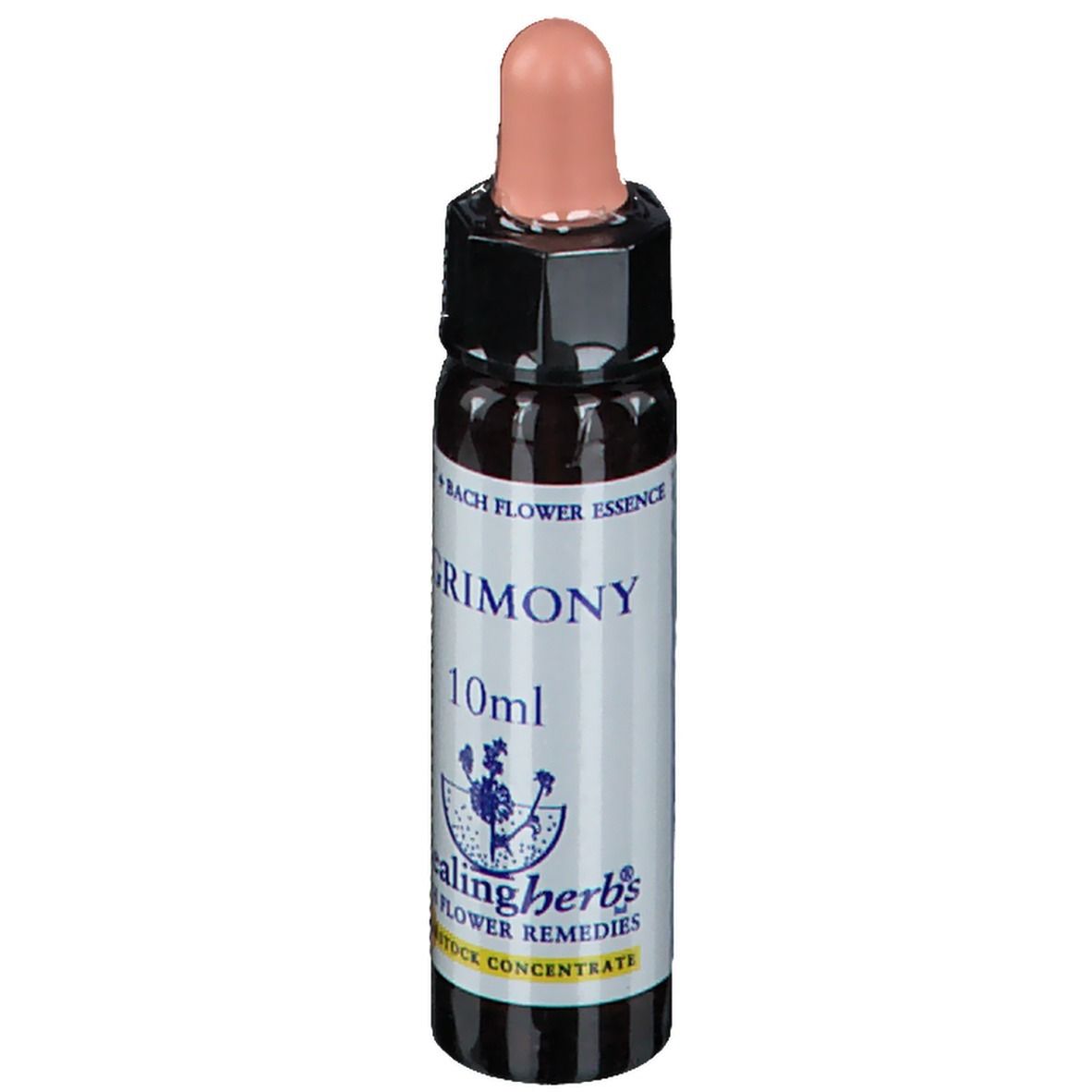 Bruine glazen fles met roze druppelaar. Opschrift: Agrimony, 10ml, Healing Herbs.