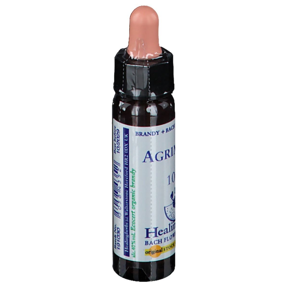 Bruine glazen fles met roze druppelaar. Opschrift: Agrimony, 10ml, ten minste houdbaar tot 10/2029, batchnummer 191030.