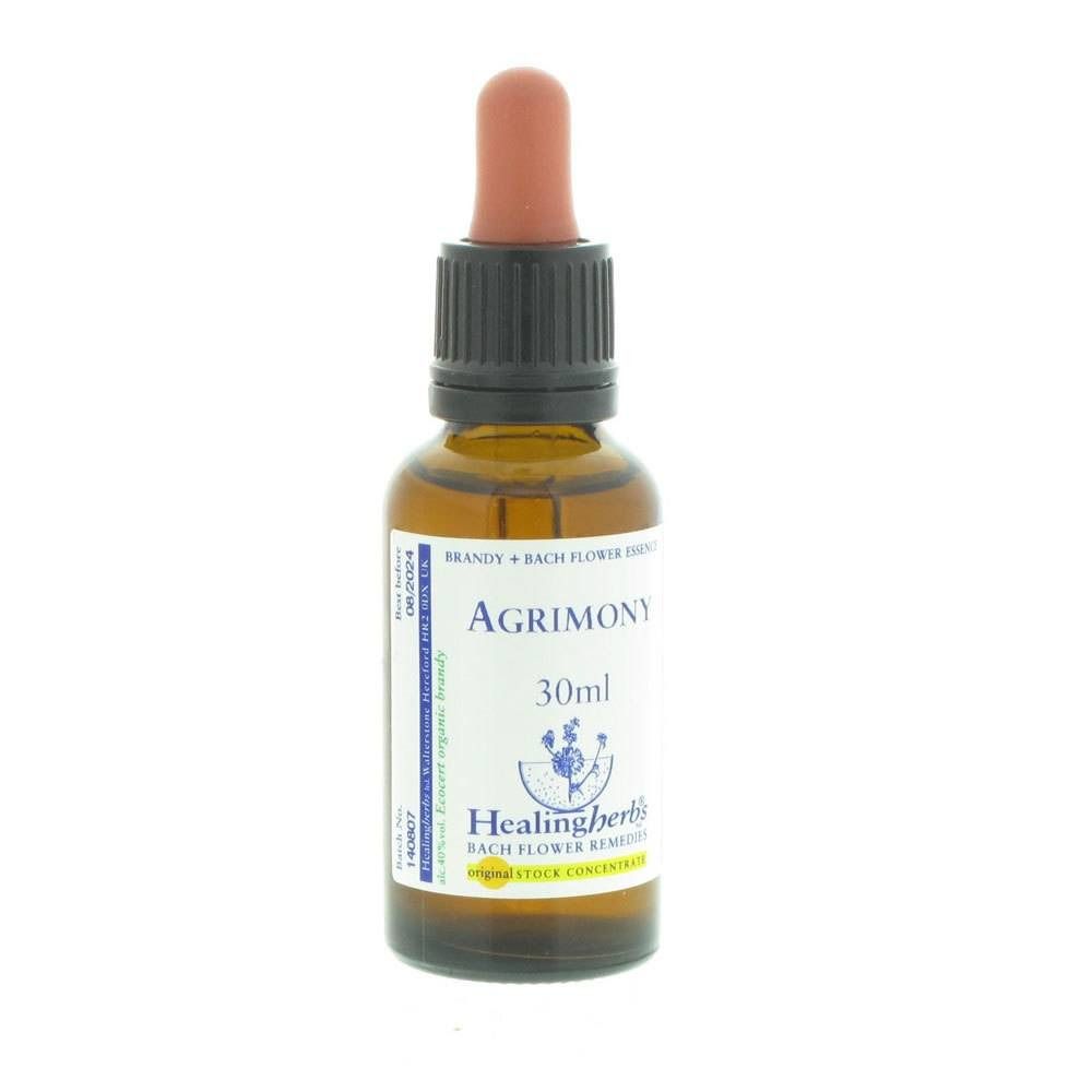 Flacon en verre brun avec pipette. Inscription : Agrimony, 30ml, Healing Herbs.