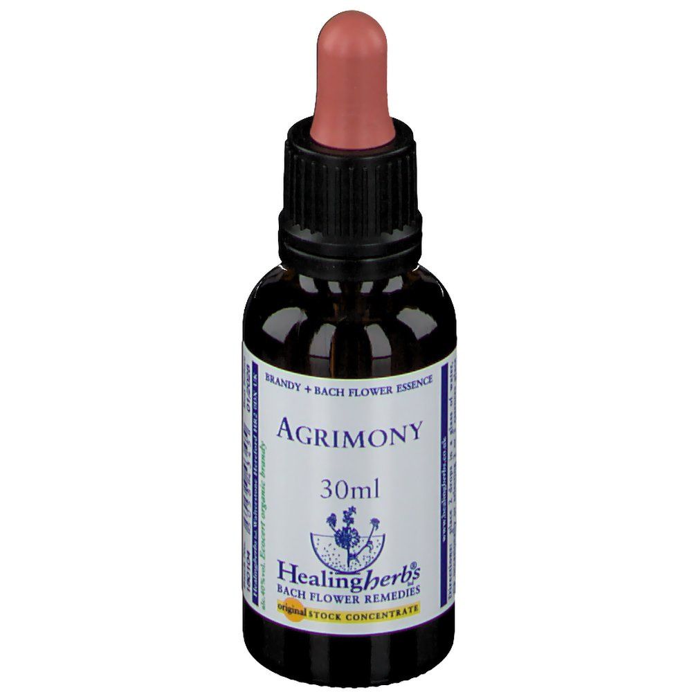 Flacon en verre brun avec pipette. Inscription : Agrimony, 30ml, Healing Herbs.