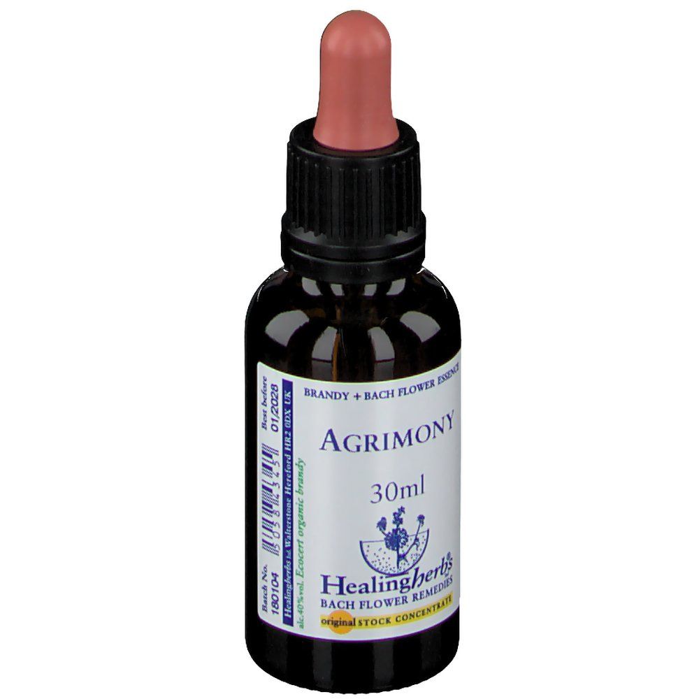 Flacon en verre brun avec pipette. Inscription : Agrimony, 30ml, Healing Herbs.