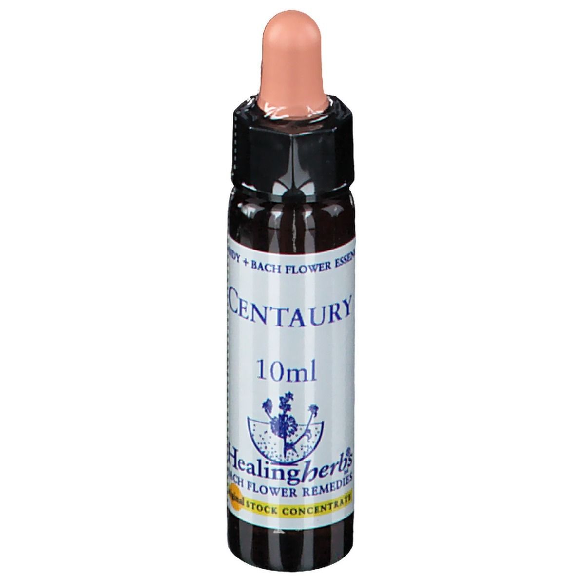 Bruine glazen fles met druppelaar. Label met "Centaury" en "10ml". Merk: Healing Herbs.