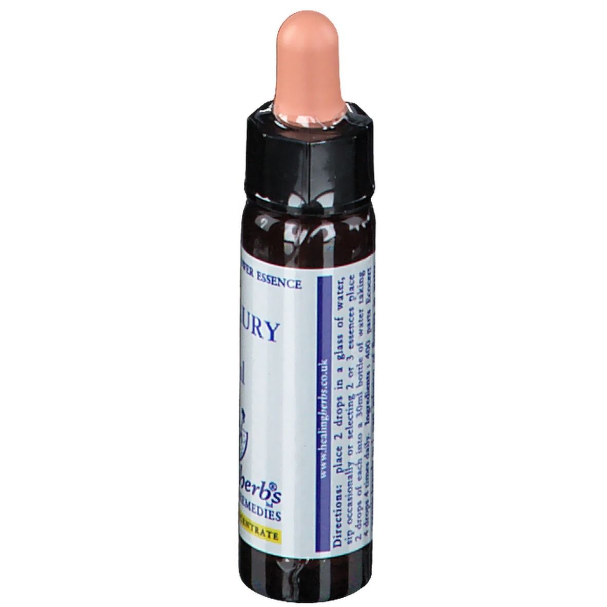 Bruine glazen fles met druppelaar. Label met "Centaury" en instructies. Merk: Healing Herbs.