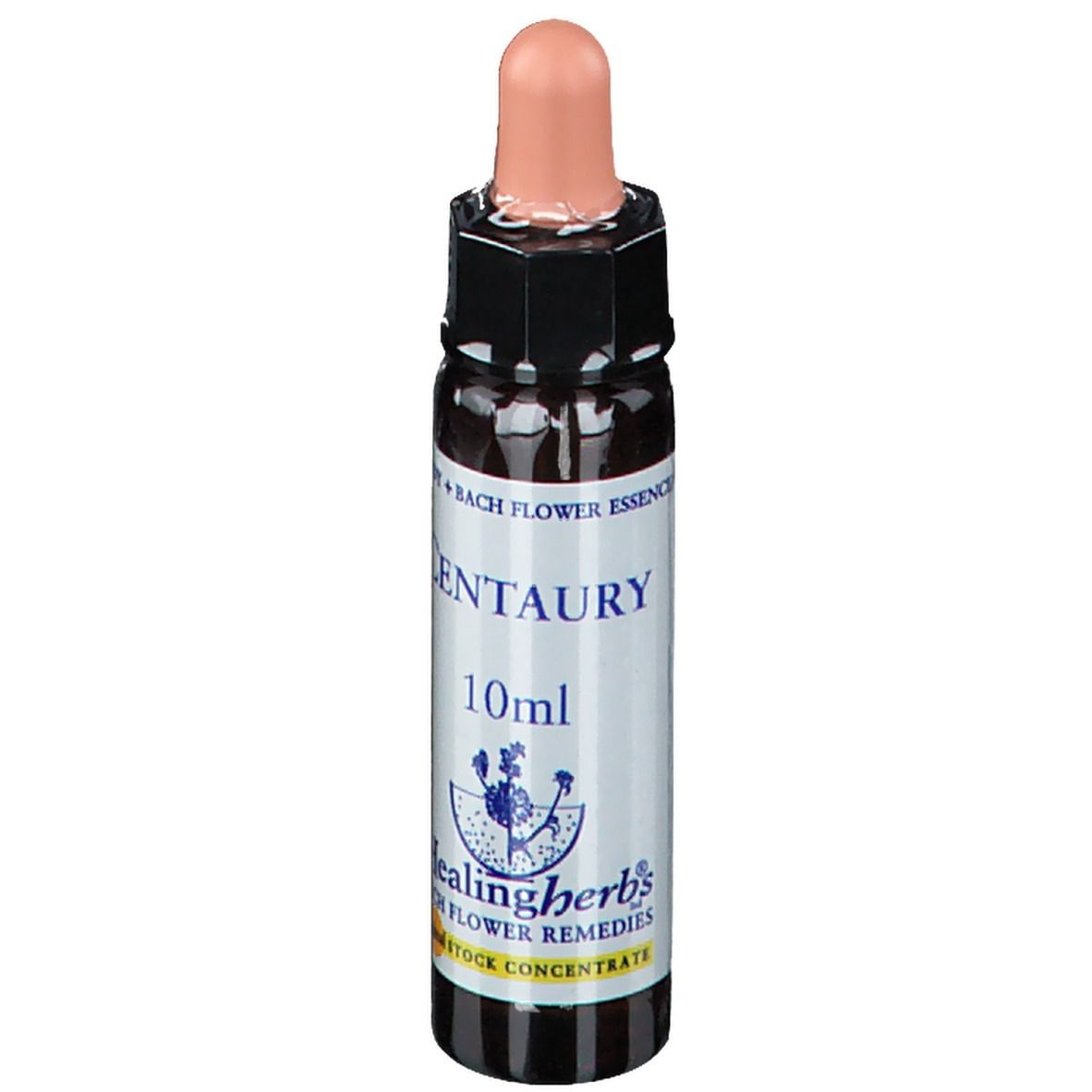 Bruine glazen fles met druppelaar. Label met "Centaury" en "10ml". Merk: Healing Herbs.