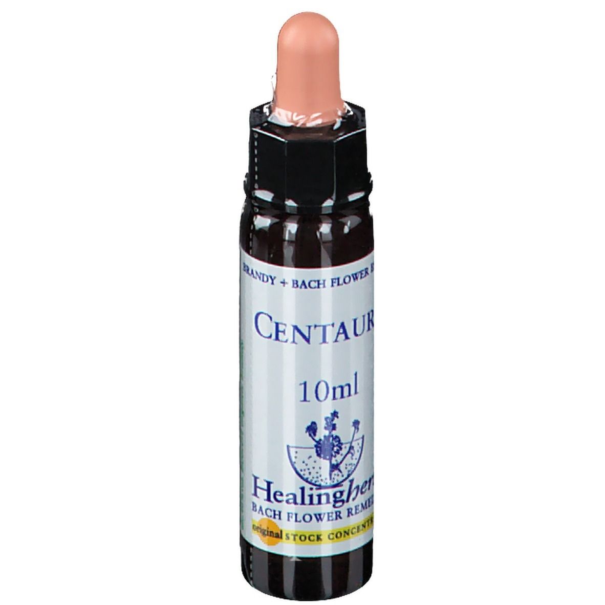 Bruine glazen fles met druppelaar. Label met "Centaury" en "10ml". Merk: Healing Herbs.