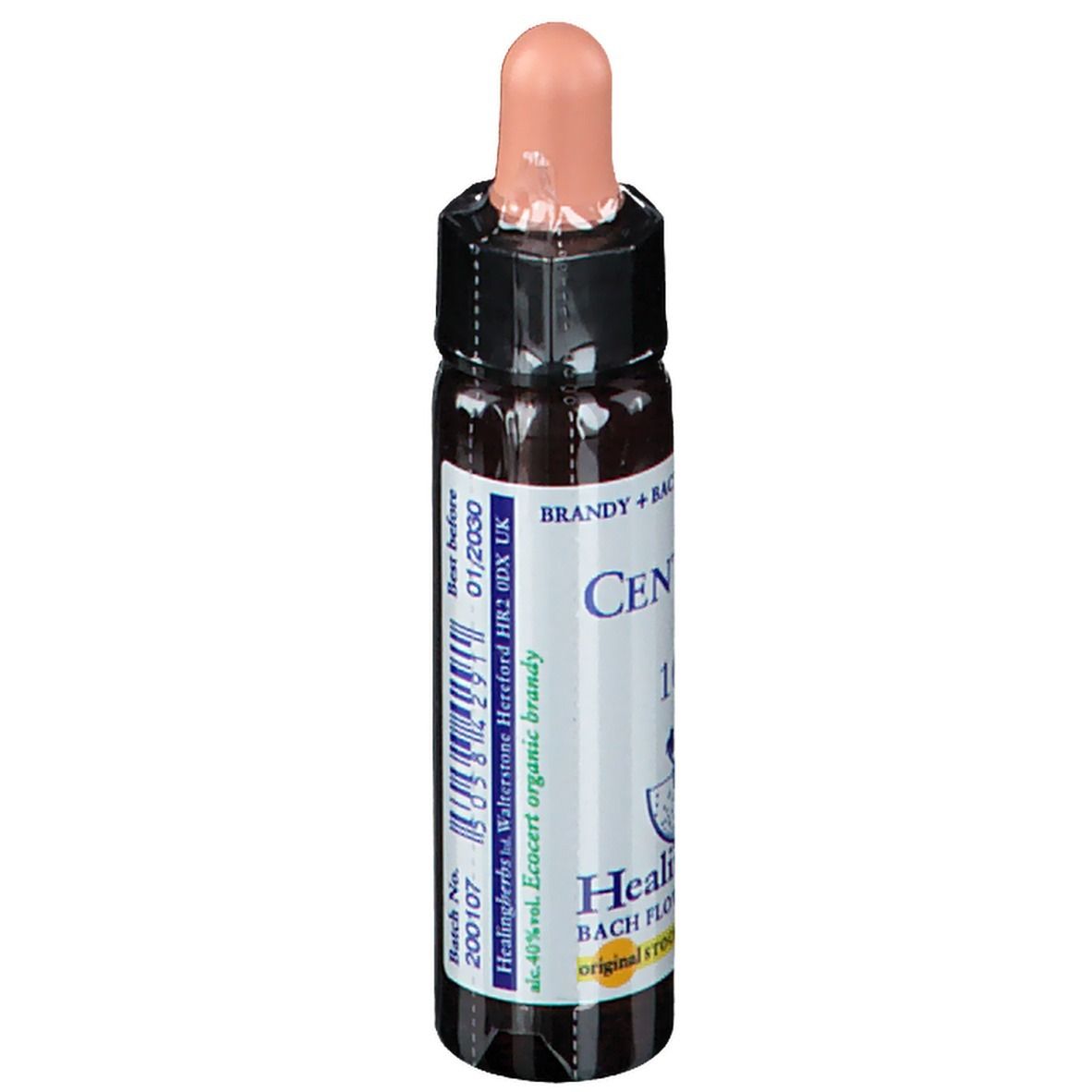 Bruine glazen fles met druppelaar. Label met "Centaury", "10ml" en vervaldatum. Merk: Healing Herbs.