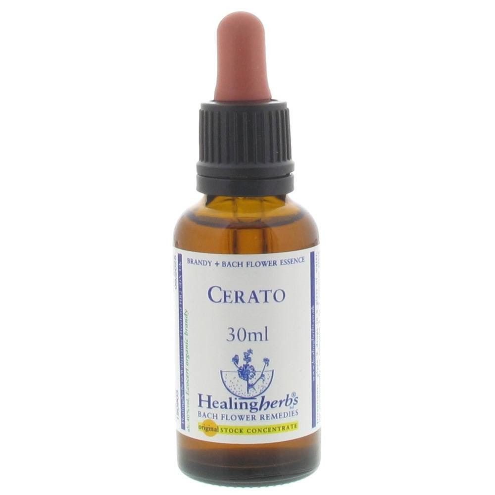 Flacon en verre brun avec pipette. Étiquette avec "Cerato", "30ml" et "Healingherbs".
