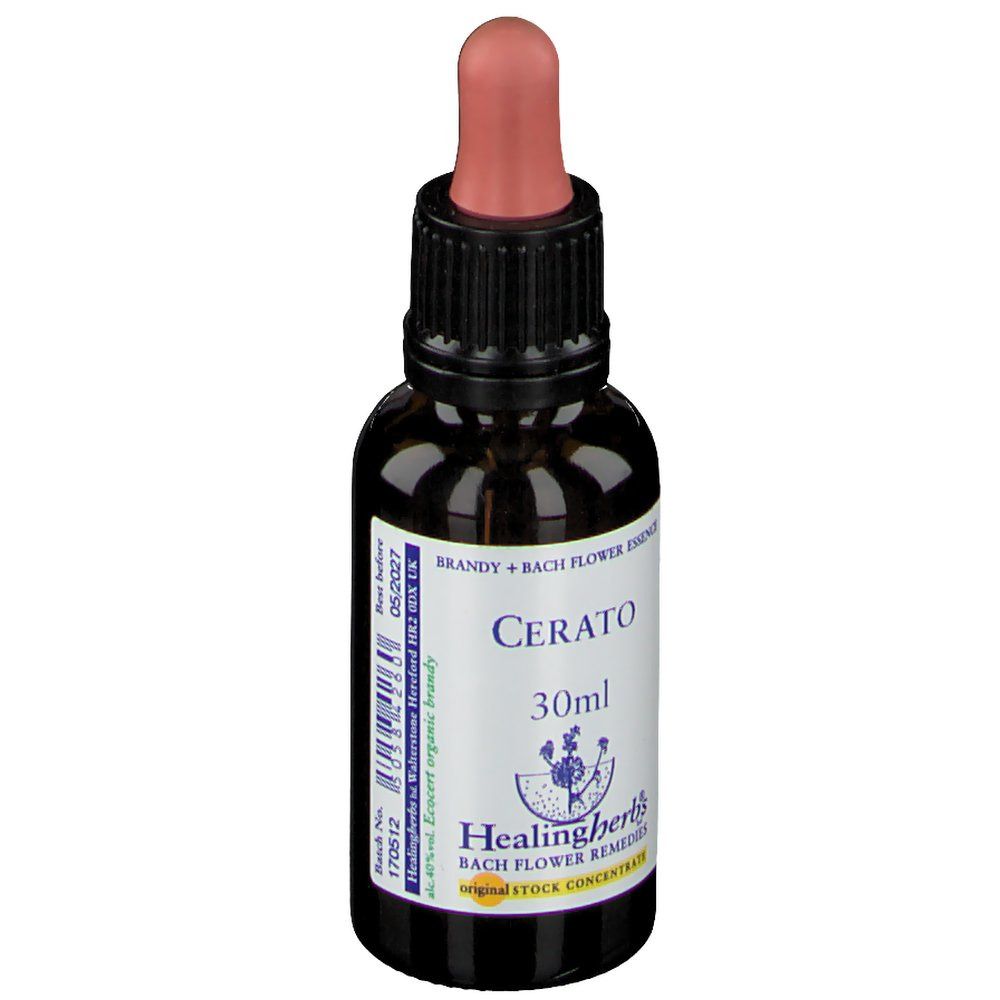 Flacon en verre brun avec pipette. Étiquette avec "Cerato", "30ml" et "Healingherbs".