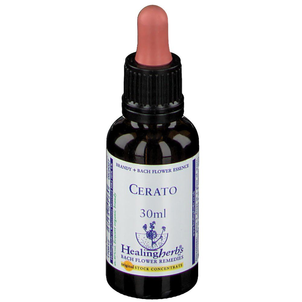 Flacon en verre brun avec pipette. Étiquette avec "Cerato", "30ml" et "Healingherbs".