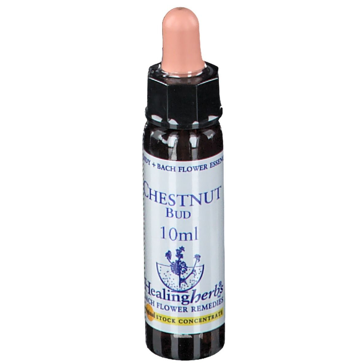 Flacon en verre brun avec compte-gouttes. Inscription: CHESTNUT BUD 10ml. Marque: Healingherbs.