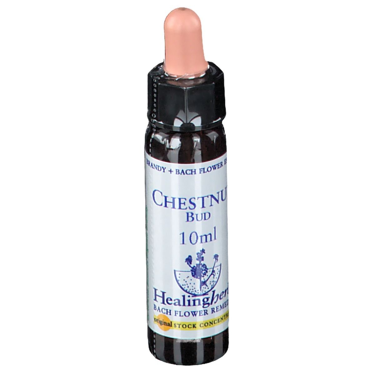 Flacon en verre brun avec compte-gouttes. Inscription: CHESTNUT BUD 10ml. Marque: Healingherbs.
