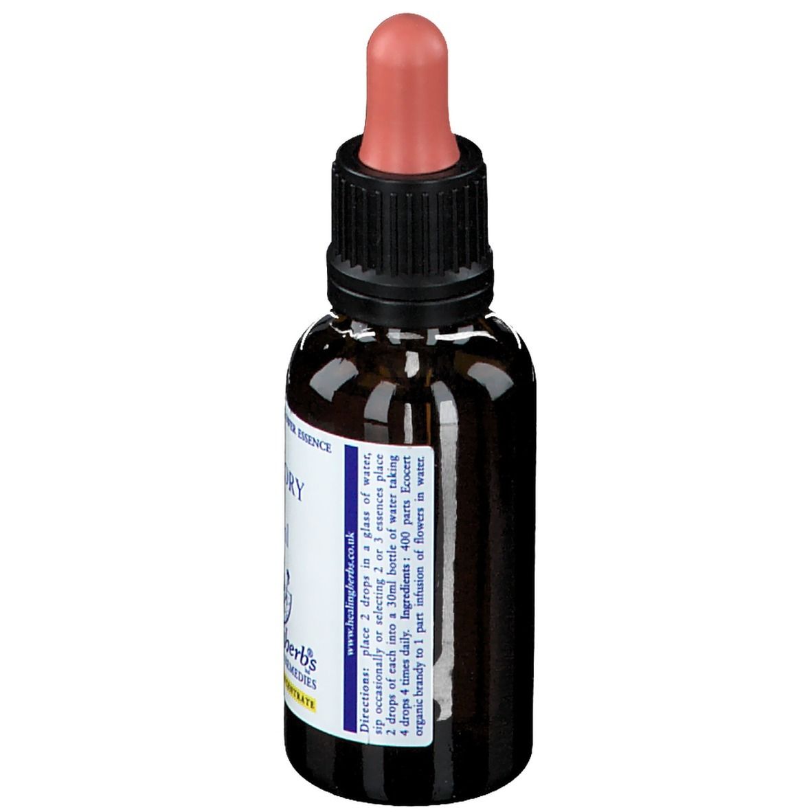 Flacon en verre brun avec bouchon noir et pipette rose. Étiquette avec instructions. Marque : Healinherbs®.