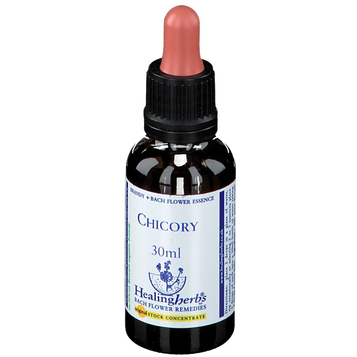 Flacon en verre brun avec bouchon noir et pipette rose. Étiquette "Chicory" et "30ml". Marque : Healinherbs®.
