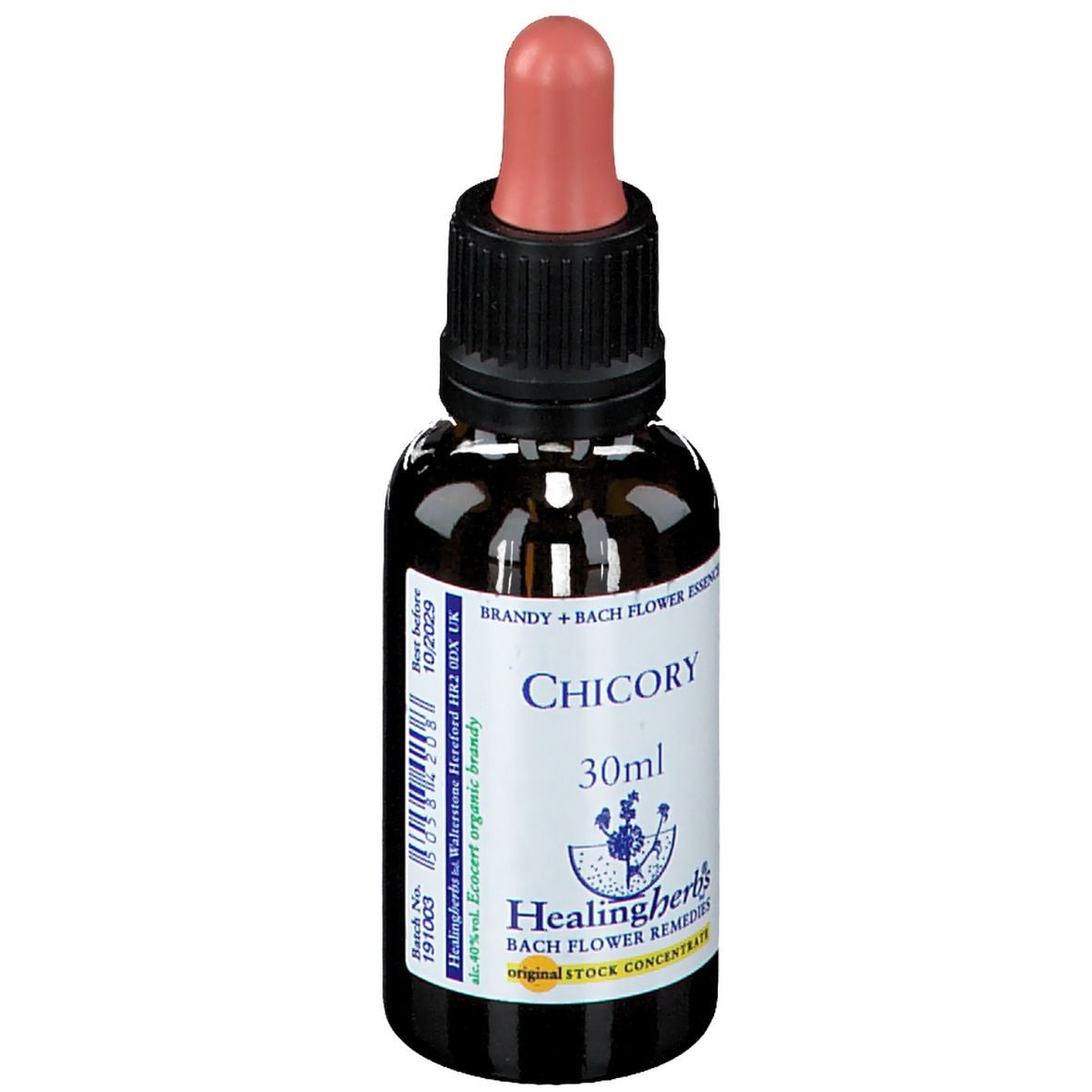 Flacon en verre brun avec bouchon noir et pipette rose. Étiquette "Chicory" et "30ml". Marque : Healinherbs®.