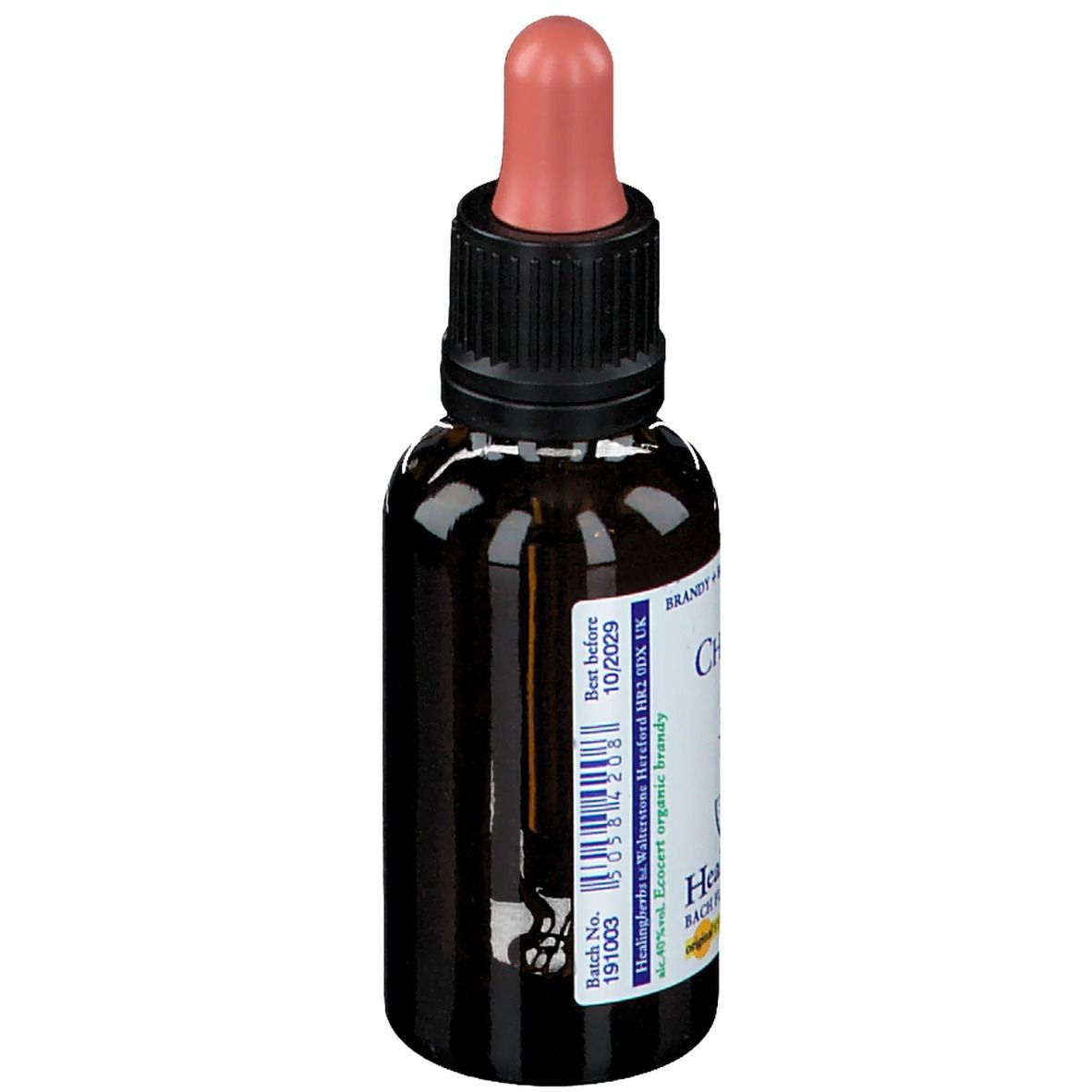 Flacon en verre brun avec bouchon noir et pipette rose. Étiquette "Chicory". Marque : Healinherbs®.