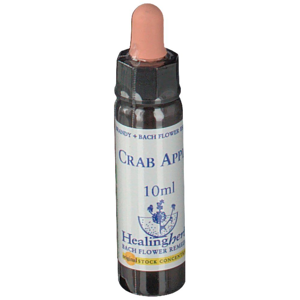 Flacon en verre brun avec compte-gouttes. Étiquette "Crab Apple", "10ml" et "Healingherbs".