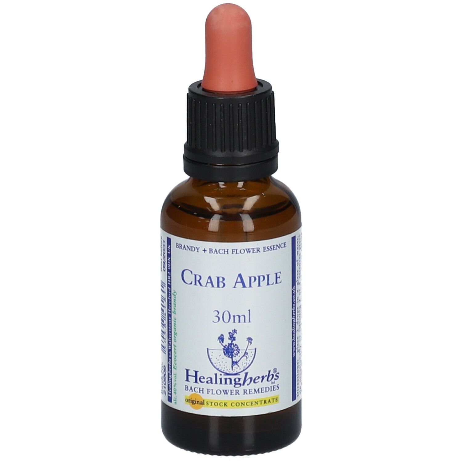 Flacon en verre brun avec pipette. Étiquette "Crab Apple" et "30ml". Marque: Healing Herbs.