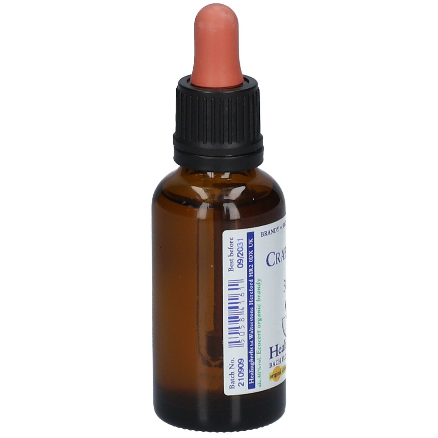 Flacon en verre brun avec pipette. Étiquette avec numéro de lot et date de péremption. Marque: Healing Herbs.