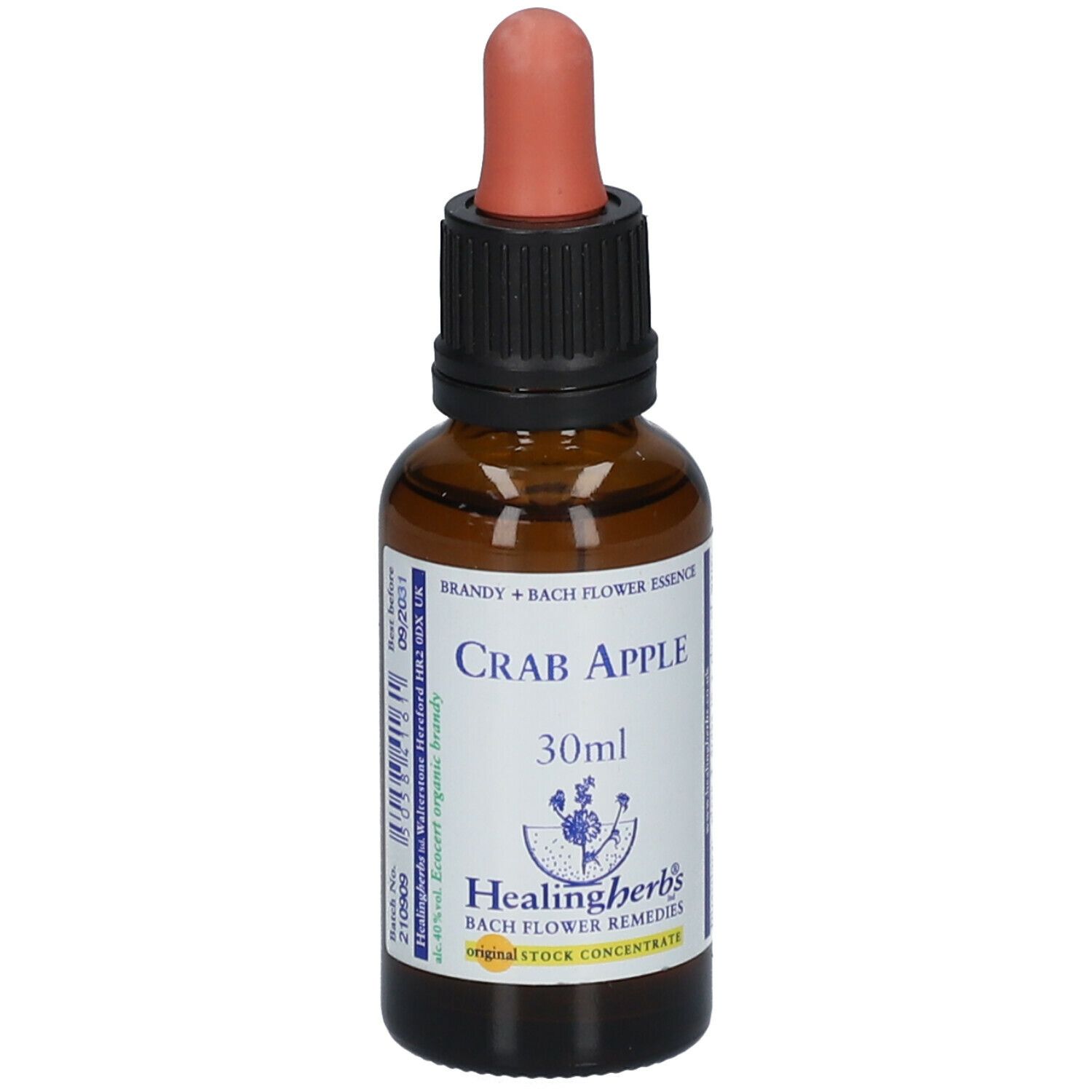 Flacon en verre brun avec pipette. Étiquette "Crab Apple" et "30ml". Marque: Healing Herbs.