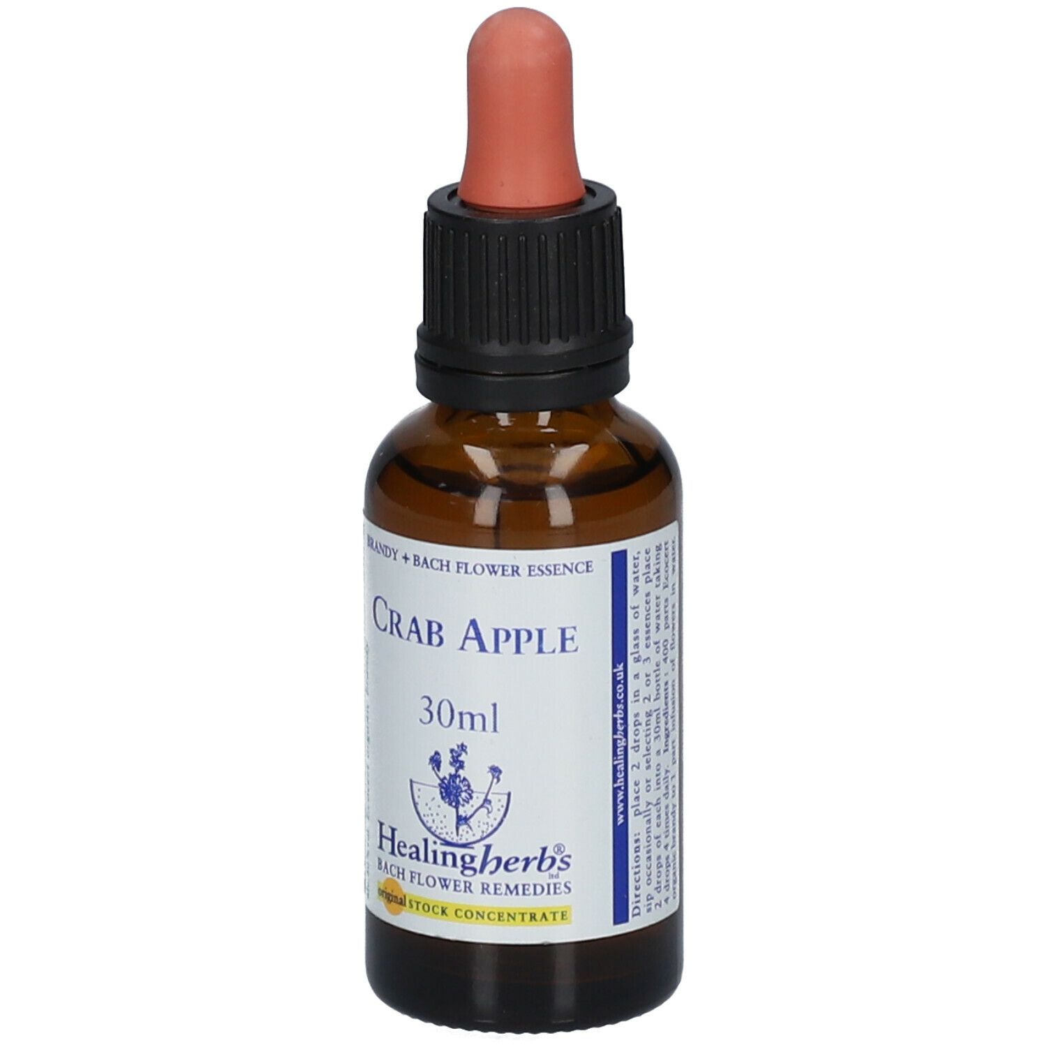 Flacon en verre brun avec pipette. Étiquette "Crab Apple" et "30ml". Marque: Healing Herbs.