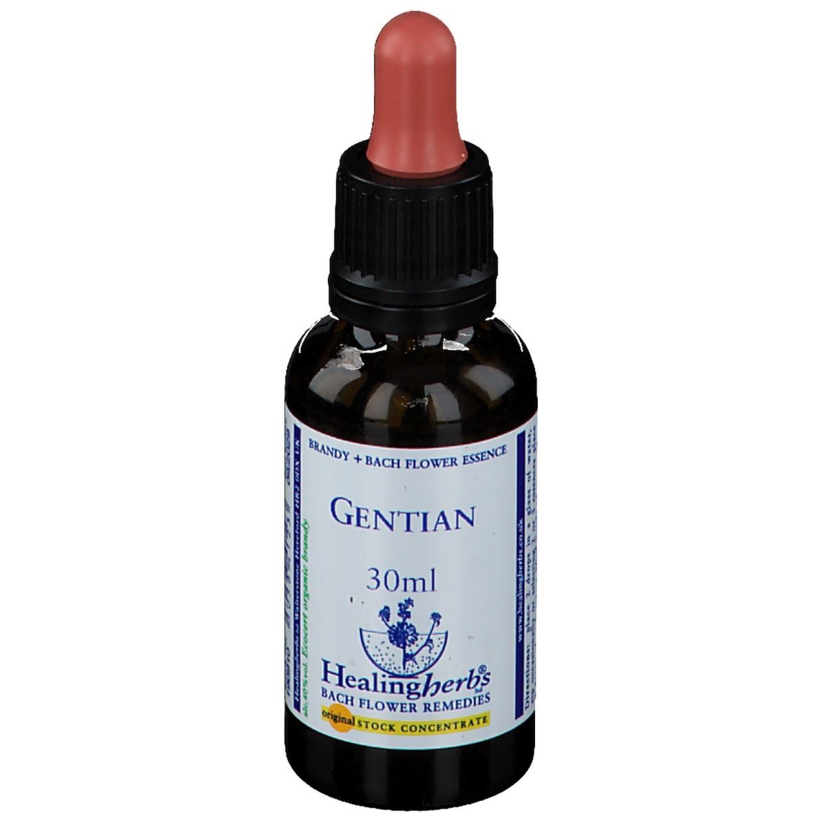 Bruine glazen fles met zwarte dop en rode pipet. Opschrift: Gentian, 30ml, Healing Herbs.