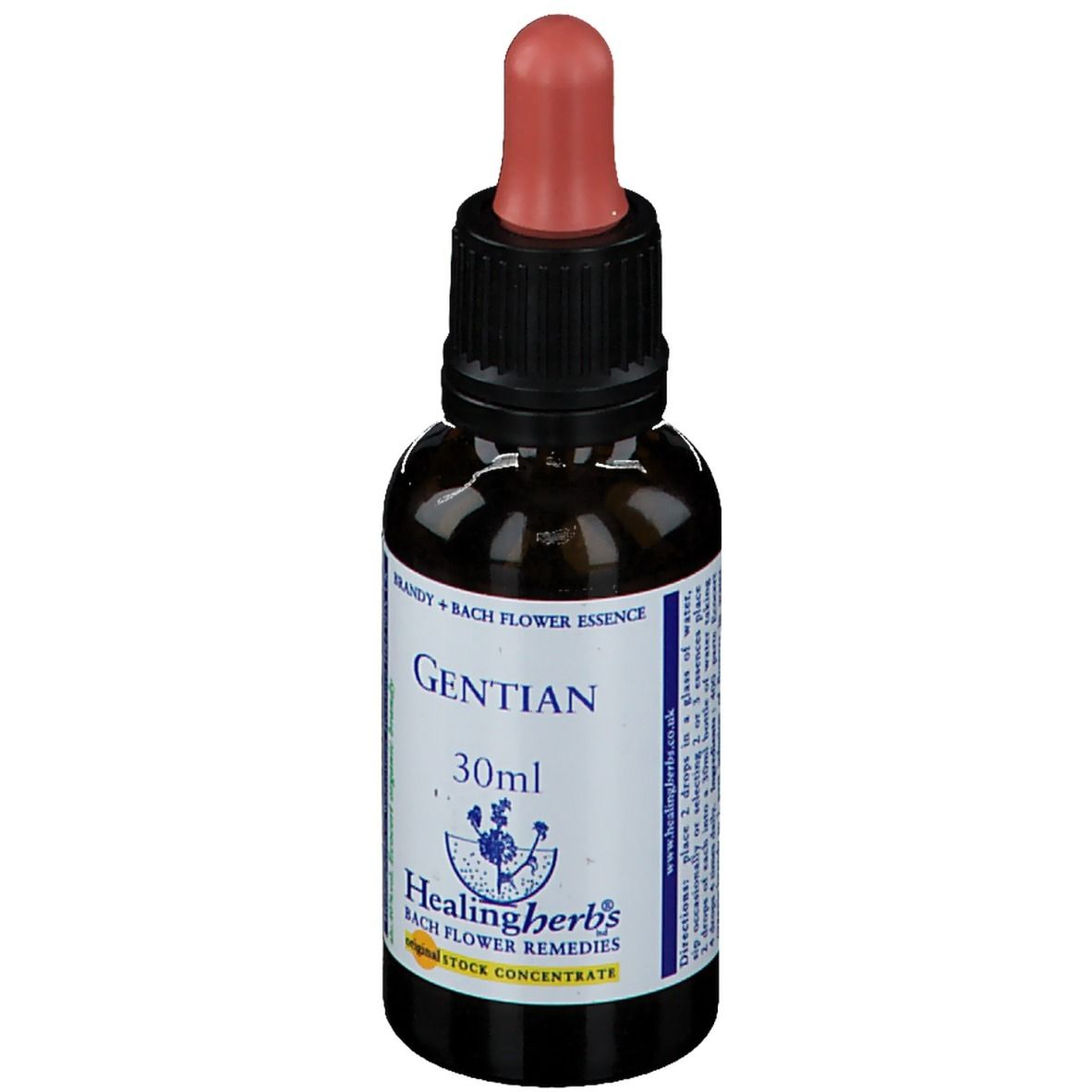 Bruine glazen fles met zwarte dop en rode pipet. Opschrift: Gentian, 30ml, Healing Herbs.