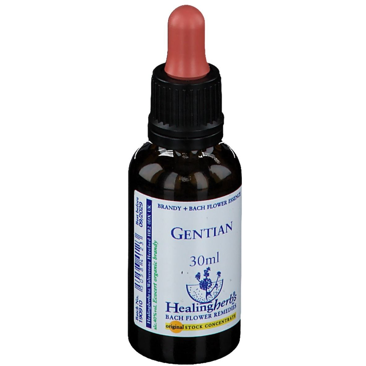 Bruine glazen fles met zwarte dop en rode pipet. Opschrift: Gentian, 30ml, Healing Herbs.