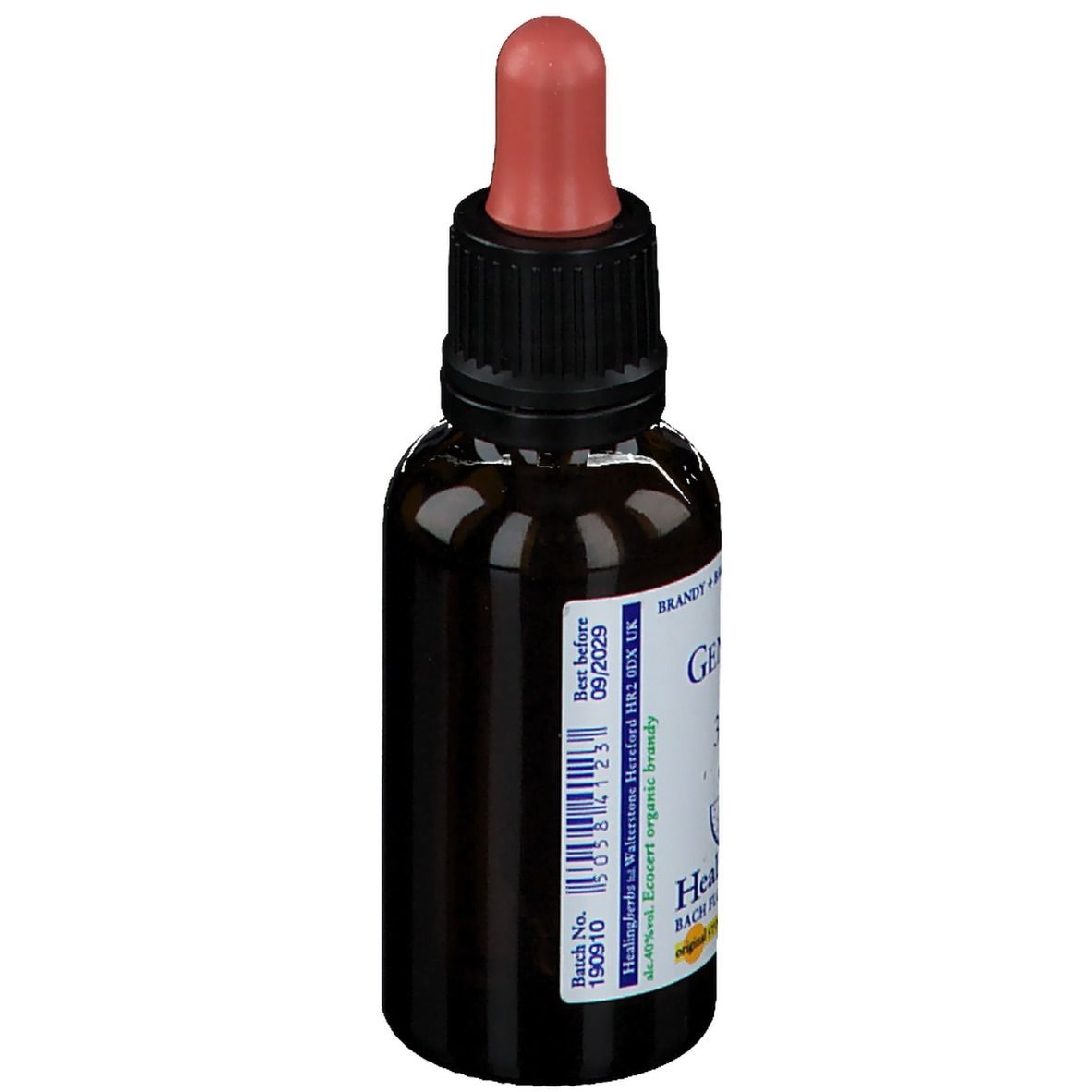 Bruine glazen fles met zwarte dop en rode pipet. Opschrift met batchnummer en vervaldatum.