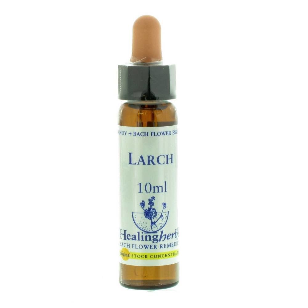 Flacon en verre brun avec compte-gouttes. Inscription: LARCH, 10ml, Healing Herbs.