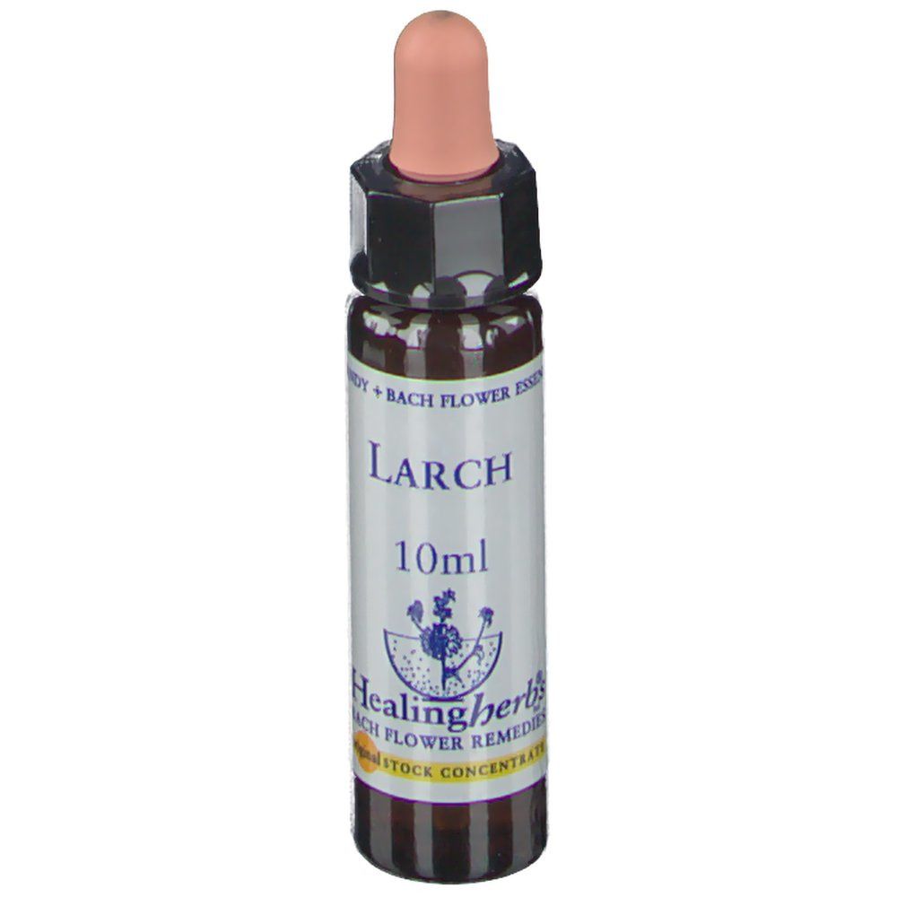 Flacon en verre brun avec compte-gouttes. Inscription: LARCH, 10ml, Healing Herbs.