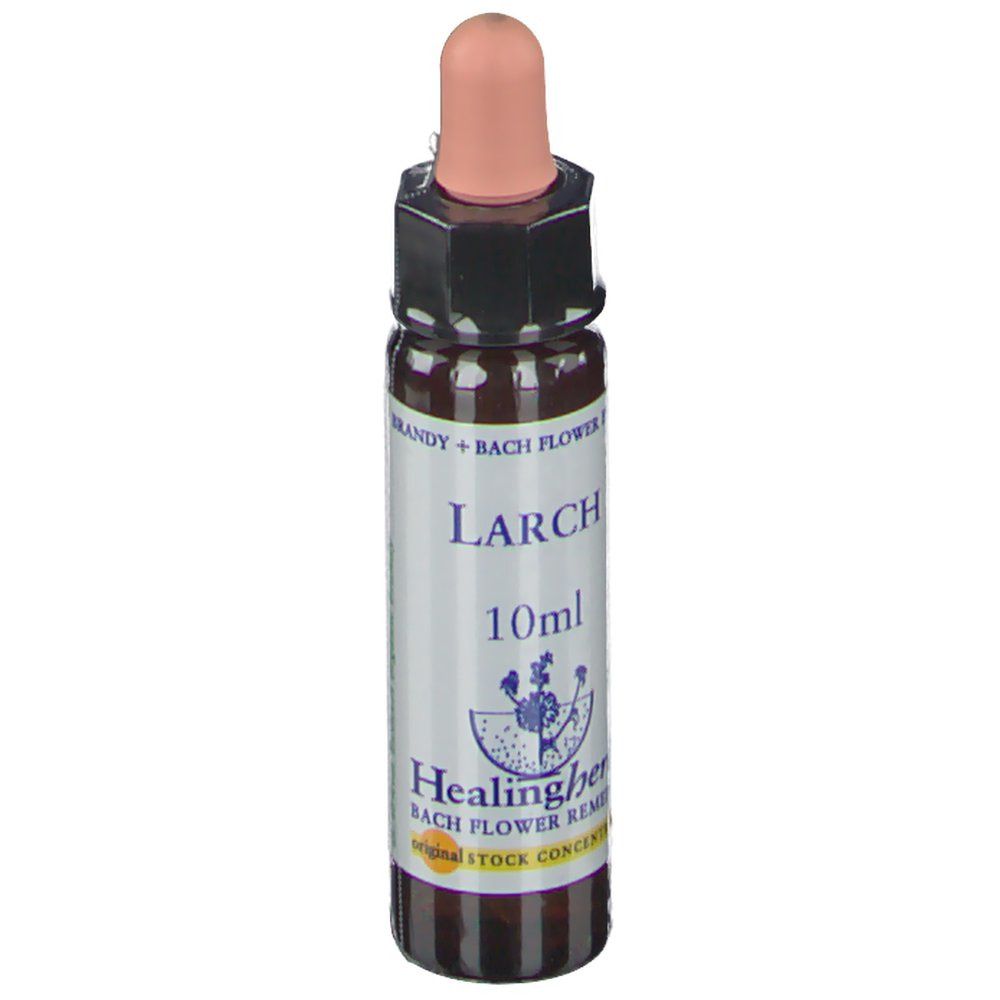 Flacon en verre brun avec compte-gouttes. Inscription: LARCH, 10ml, Healing Herbs.