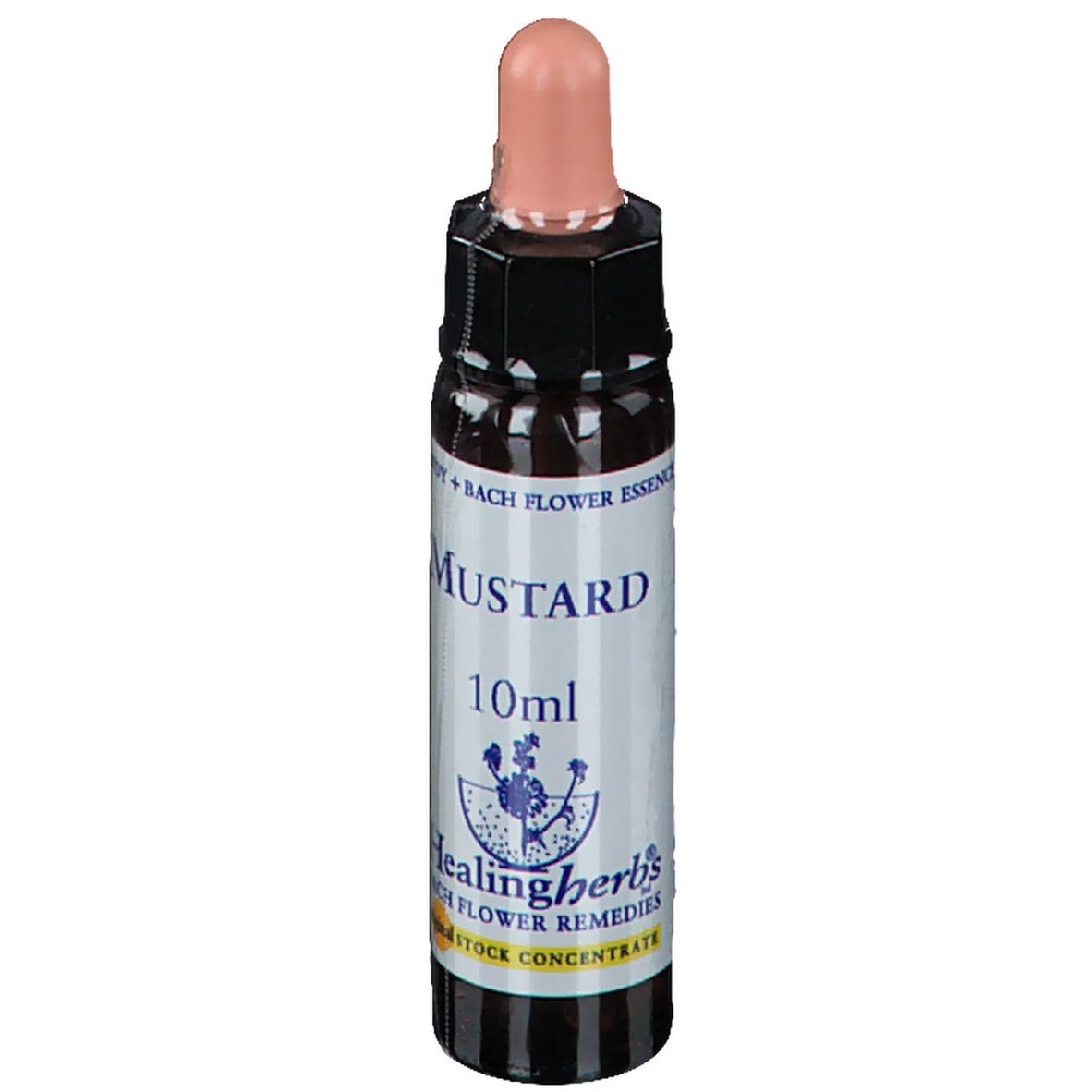 Bruine glazen fles met roze druppelaar. Opschrift "Mustard 10ml" en logo. "Healing Herbs" en "Bach Flower Remedies".