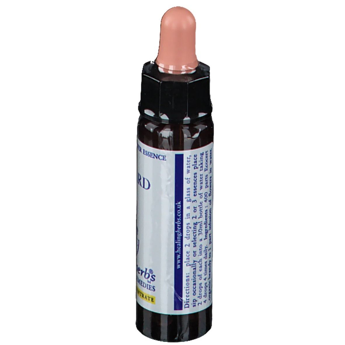 Bruine glazen fles met roze druppelaar. Opschrift "Mustard 10ml". Tekst met instructies. Logo "Healing Herbs".