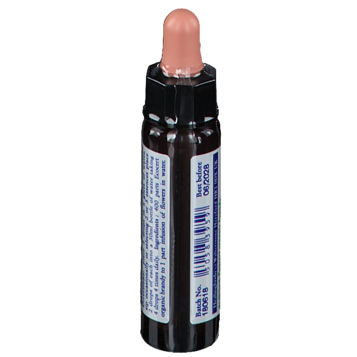 Bruine glazen fles met roze druppelaar. Opschrift "Mustard 10ml". Tekst met instructies. Logo "Healing Herbs". Houdbaarheidsdatum.
