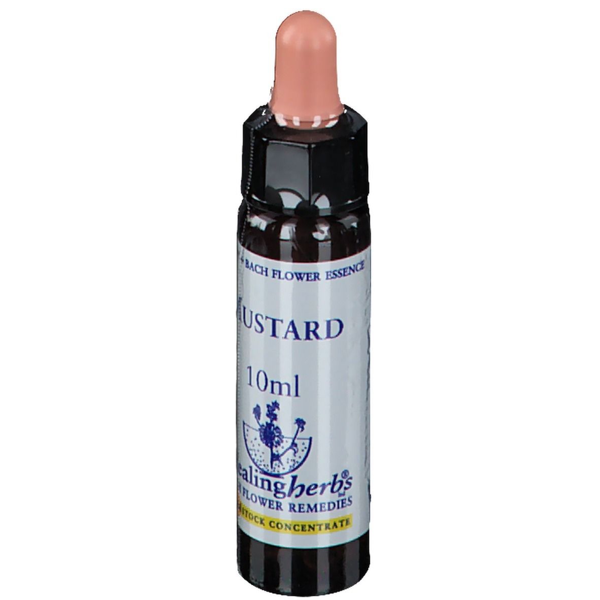 Bruine glazen fles met roze druppelaar. Opschrift "Mustard 10ml" en logo. "Healing Herbs" en "Bach Flower Remedies".