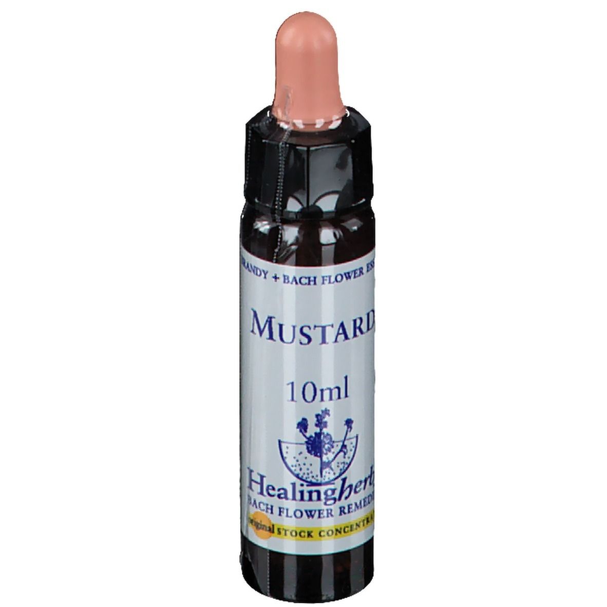 Bruine glazen fles met roze druppelaar. Opschrift "Mustard 10ml" en logo. "Healing Herbs" en "Bach Flower Remedies".