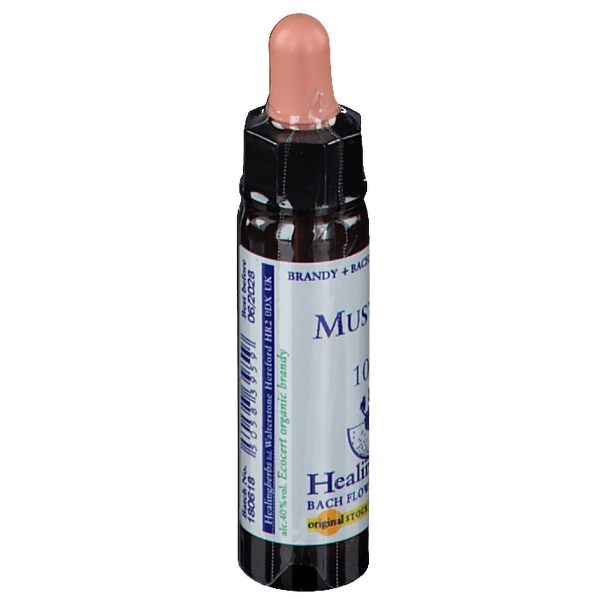 Bruine glazen fles met roze druppelaar. Opschrift "Mustard 10ml" en logo. "Healing Herbs" en "Bach Flower Remedies".