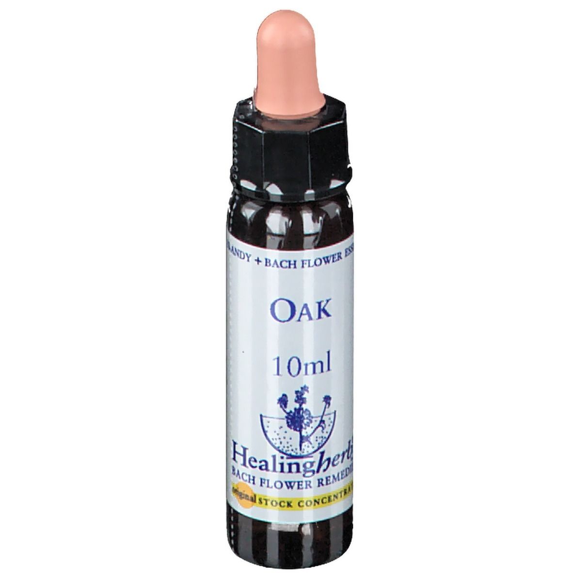 Flacon en verre brun avec compte-gouttes rose. Étiquette avec texte: OAK, 10ml, Healing Herbs Bach Flower Remedy.