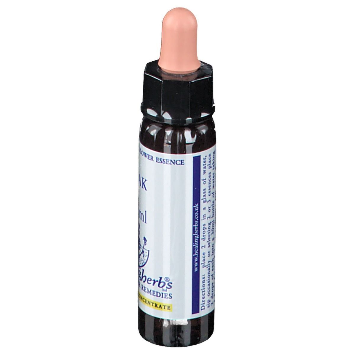 Flacon en verre brun avec compte-gouttes rose. Étiquette avec texte: OAK, 10ml, Healing Herbs. Instructions au dos.