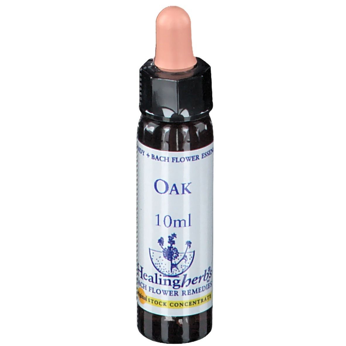 Flacon en verre brun avec compte-gouttes rose. Étiquette avec texte: OAK, 10ml, Healing Herbs Bach Flower Remedy.