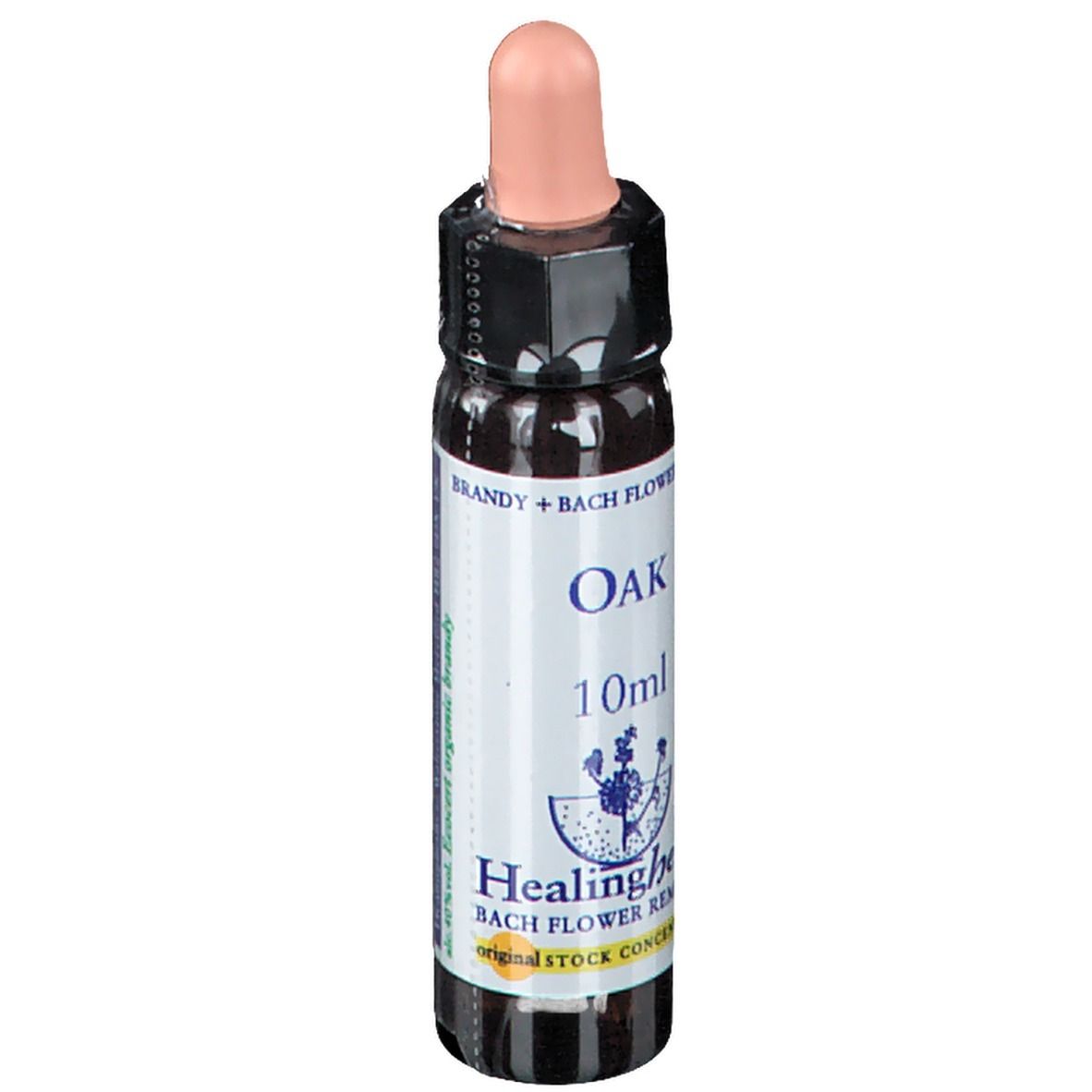 Flacon en verre brun avec compte-gouttes rose. Étiquette avec texte: OAK, 10ml, Healing Herbs Bach Flower Remedy.