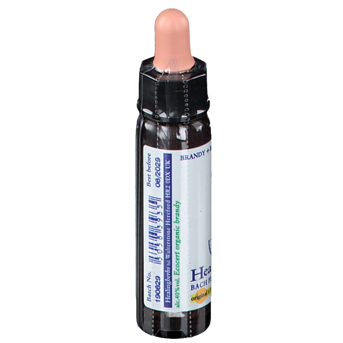 Flacon en verre brun avec compte-gouttes rose. Étiquette avec texte: date de péremption, numéro de lot, Healing Herbs, 40% vol. alcool.