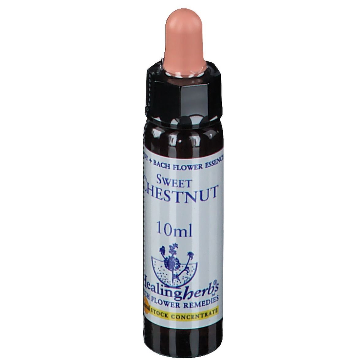 Bruine glazen fles met roze druppelaar. Opschrift: Sweet Chestnut, 10ml, Healingherbs.