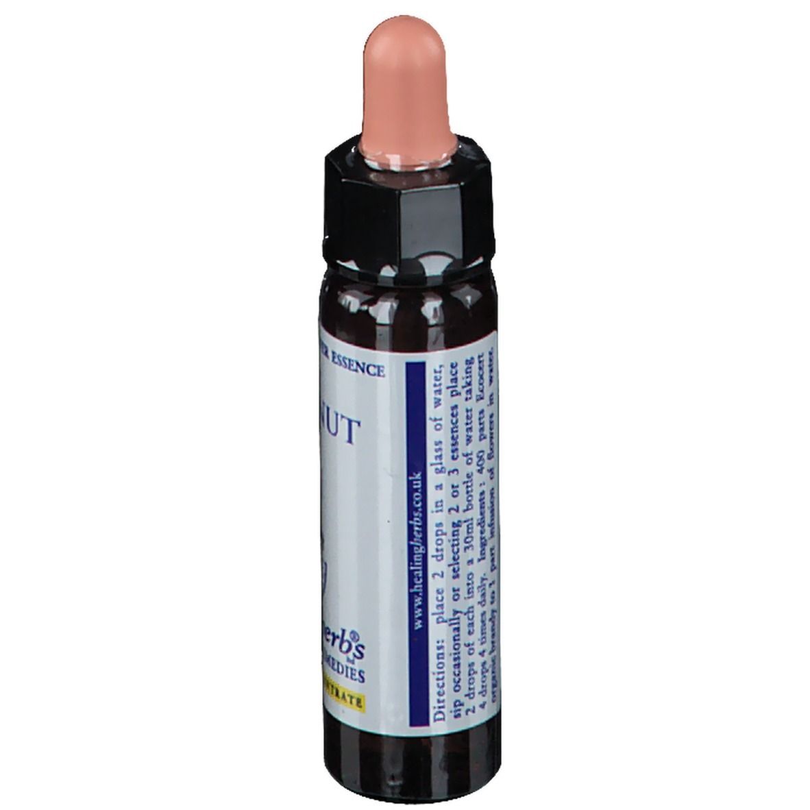Bruine glazen fles met roze druppelaar. Tekst: Sweet Chestnut, Healingherbs. Instructies in het Engels.