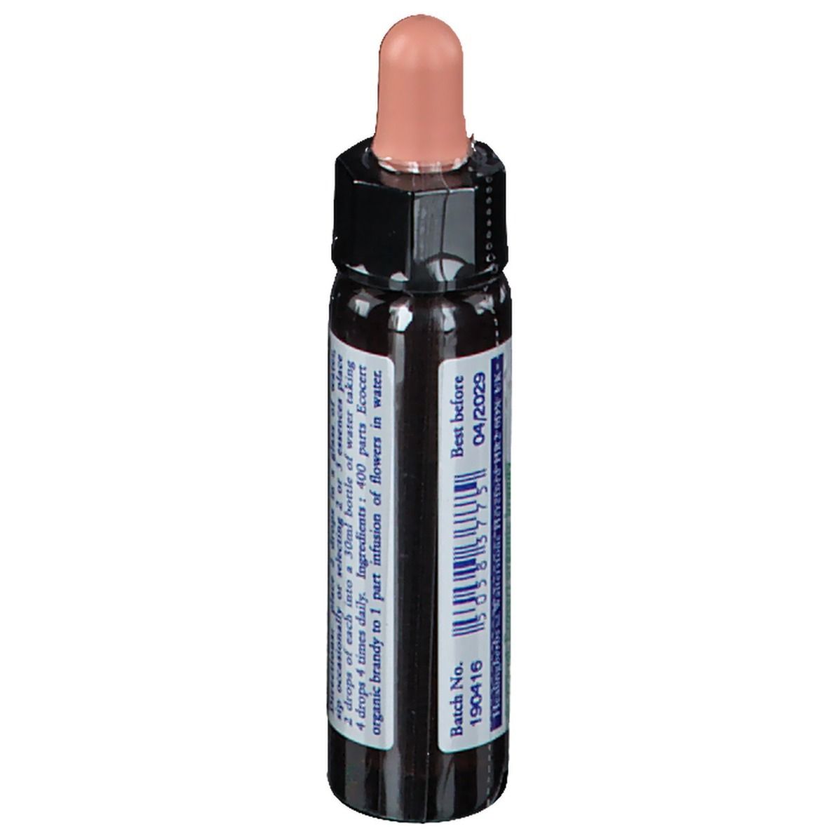 Bruine glazen fles met roze druppelaar. Achterkant met tekst en batchnummer 190416. Ten minste houdbaar tot 04/2029.