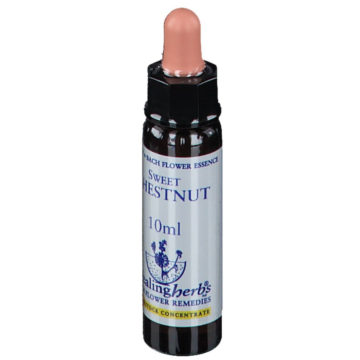 Bruine glazen fles met roze druppelaar. Opschrift: Sweet Chestnut, 10ml, Healingherbs.