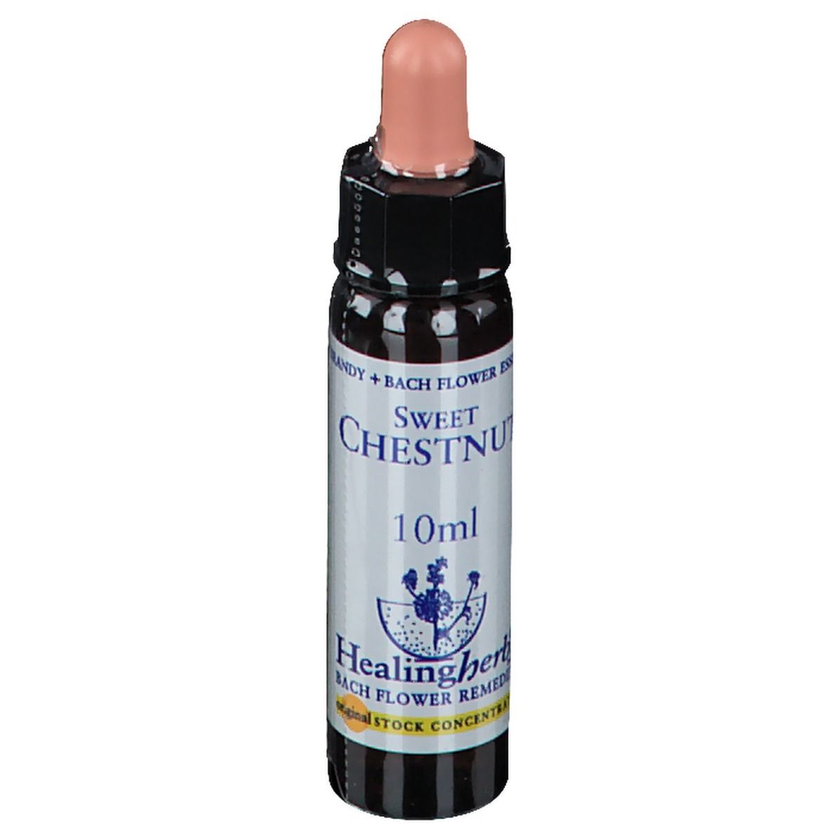 Bruine glazen fles met roze druppelaar. Opschrift: Sweet Chestnut, 10ml, Healingherbs.
