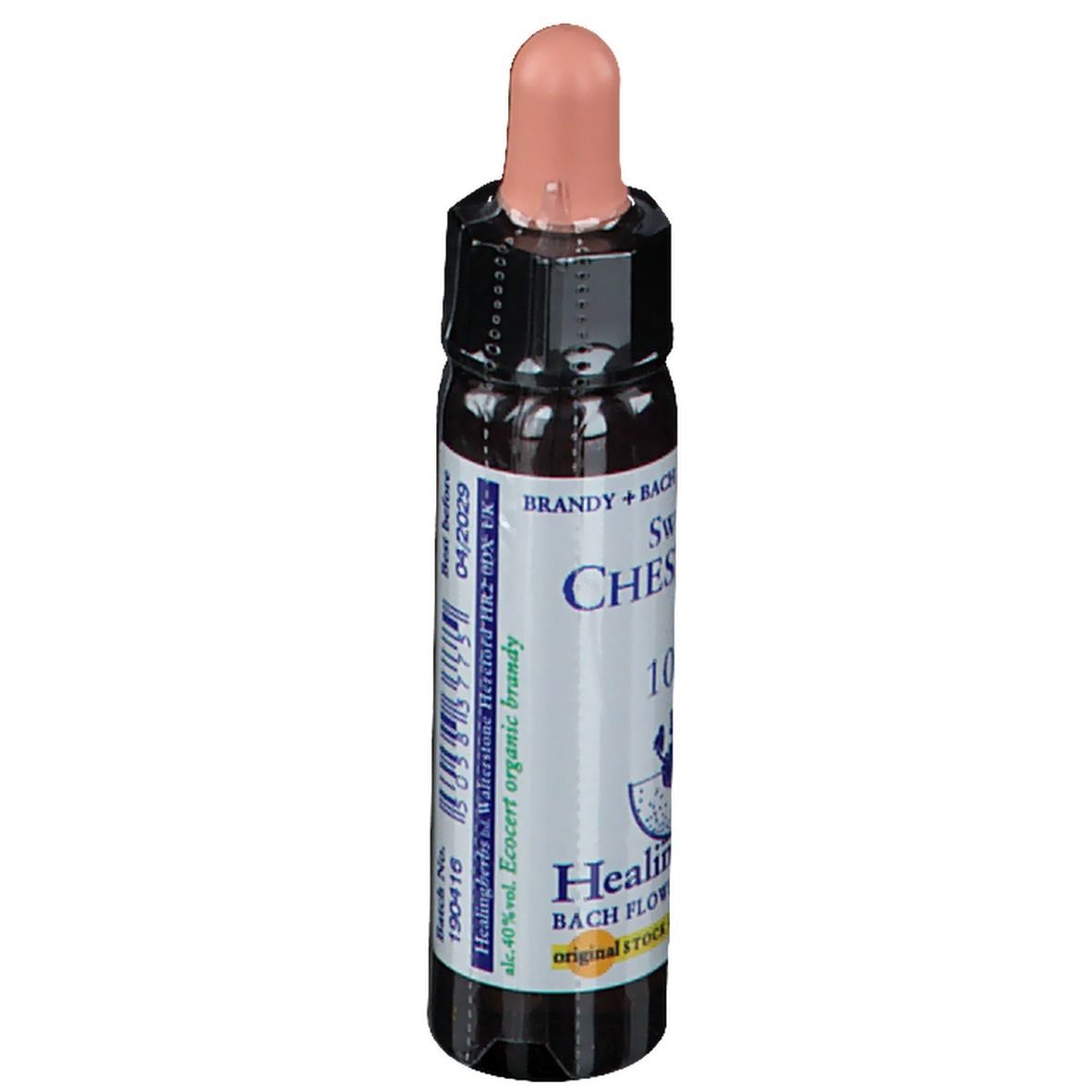 Bruine glazen fles met roze druppelaar. Opschrift: Sweet Chestnut, 10ml, Healingherbs. Ten minste houdbaar tot 04/2029.