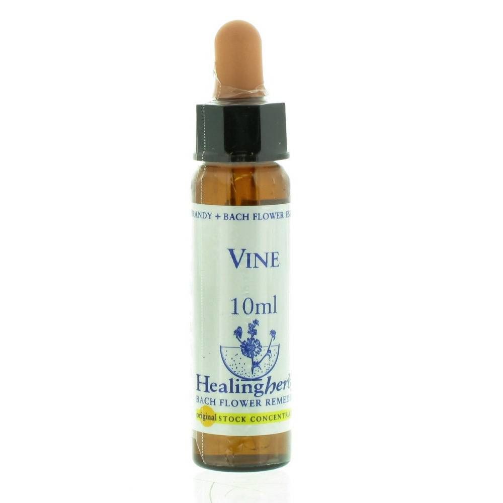 Flacon en verre brun avec compte-gouttes. Inscription: VINE, 10ml, Healing Herbs Bach Flower Remedies.